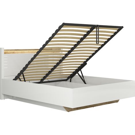Cama canapé 140x200 con somier y LED Helios Blanco lacado y Madera