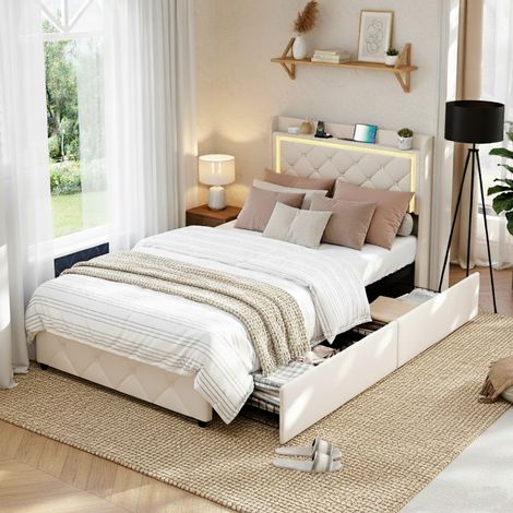 Cama dobel 90x200 cm con cajones, iluminación LED, charge USB y Type-C, matelas remborré, tissu terciopelo, somier de láminas, cama para adelltes - Beige