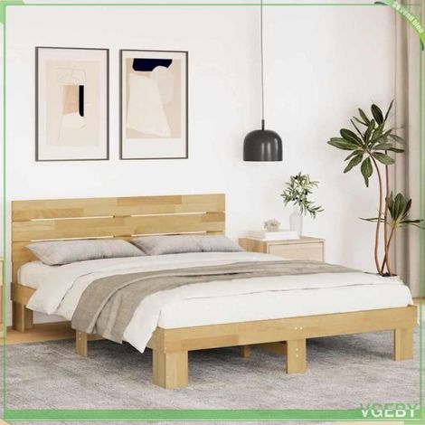 Cadre de lit avec tête de lit - 3315728 - Bois chêne massif - Sommier à lattes - 135 x 190 cm (sans matelas) (1/5)