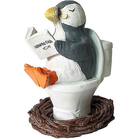 Pingouin fantaisiste lisant un livre sur les toilettes - Figurine en résine - Décoration de salle de bain amusante, thème humour classique, en résine (1/5)