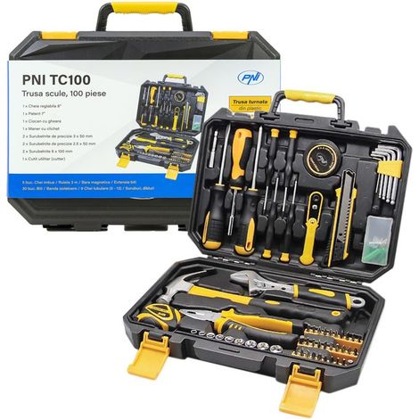 Coffret d'outils à main PNI TC100, 100 pièces, acier au carbone et au chrome-vanadium, coffret plastique