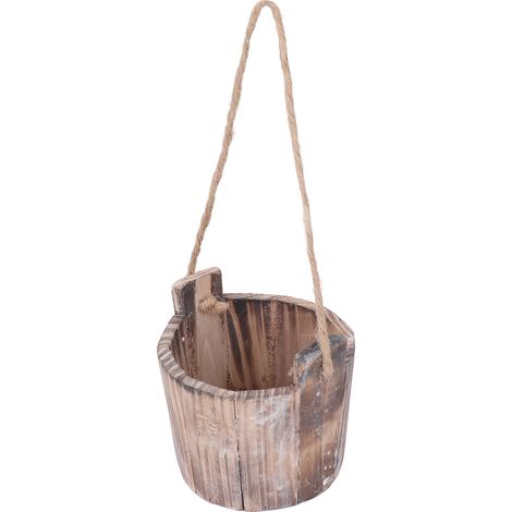 Pot de fleurs rond en bois style rustique vintage, à suspendre au mur, pour jardin, terrasse, bureau ou maison. (1/5)