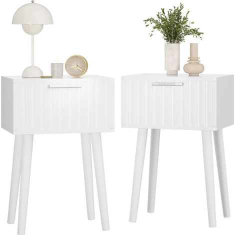 Set of 2 Bedside Tables, Side Table, Decorated with Ribbed Fronts, Wooden Legs, Magnetic Drawer, Fixing Chain, 35 x 27 x 53 cm, for Bedroom, Living Room, White (1/5)