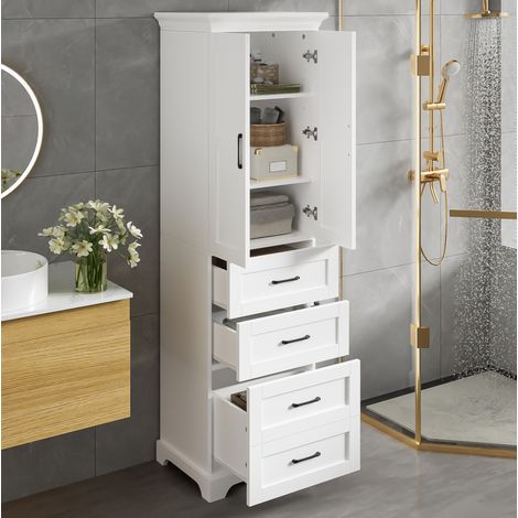 Colonne de salle de bain MDF blanc 57 cm avec 3 tiroirs, 1 placard et étagères réglables (1/5)