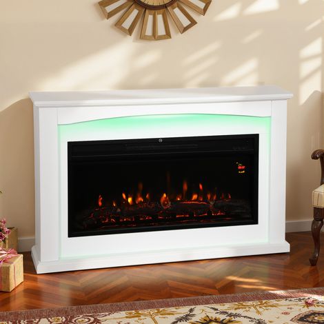 Cheminée électrique 1000W 2000W, fausse cheminée décorative, effet flamme à 5 luminosités réglables, blanc, 121x25x77cm (1/4)