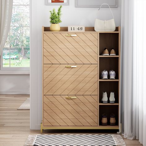 Nordischer Schuhschrank 90 cm – Natürliche Eiche und Gold – 3 Soft-Close-Klapptüren und seitliche Regale – Extra schlank und platzsparend