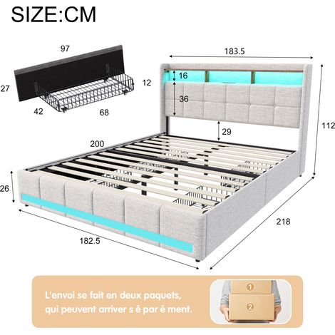Lit 180x200 avec rangement - SUNFECILI - Capitonné - LED réglable - Tiroirs de rangement - Dossier souple,4 tiroirs de rangement,lin,Beige