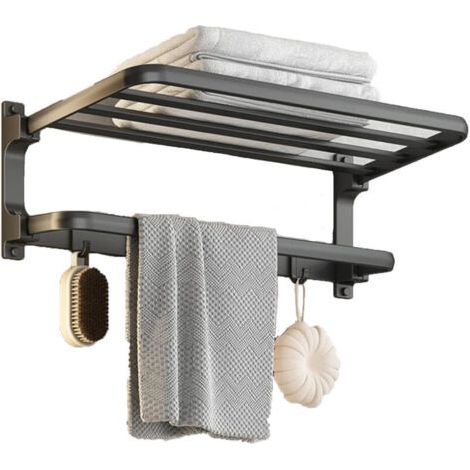 Porte-Serviettes sans perçage - Noir - Porte Serviettes de Salle de Bain - Montage Mural - avec 5 Crochets pour Serviettes de Bain, 58cm (1/5)