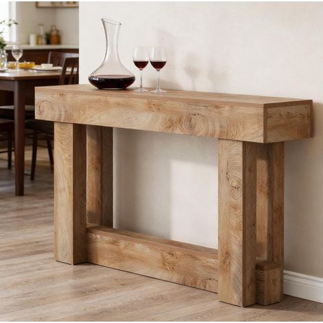 Tavolo consolle da ingresso, design compatto ed extra lungo, ripiano inferiore, struttura in legno marrone (1/5)