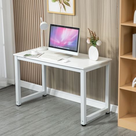 Bureau informatique blanc 120 x 60 x 74 cm en MDF et métal, bureau de travail OKWISH (1/5)
