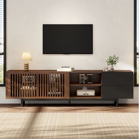 Mueble TV 160x38x50 cm de MDF negro y nogal con almacenaje integrado – MEUBLIV (1/5)