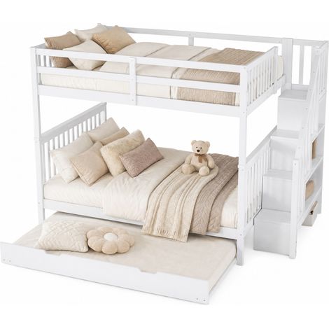 Lit superposé 140x200 avec lit tiroir, escalier bibliothèque, garde-corps hauts, blanc, bois et MDF, gain de place pour chambre enfant sécurisée - CHICFURN (1/5)