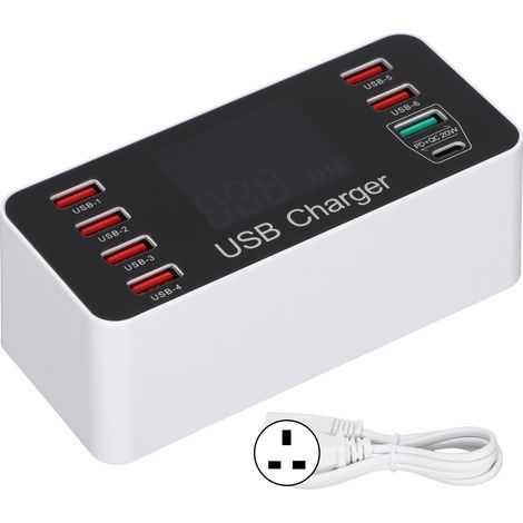 Station de charge USB 8 ports 40W rapide QC 3.0 USB-C avec écran LCD pour smartphones et tablettes (prise UK) (1/5)