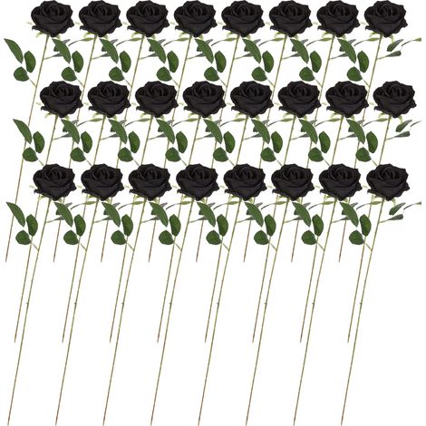 (24 gebogene Rosen pro Beutel) (Schwarz beflockt) Künstliche Samtrosen für Hochzeitsdekoration, Innendekoration und Blumenarrangements. (1/3)