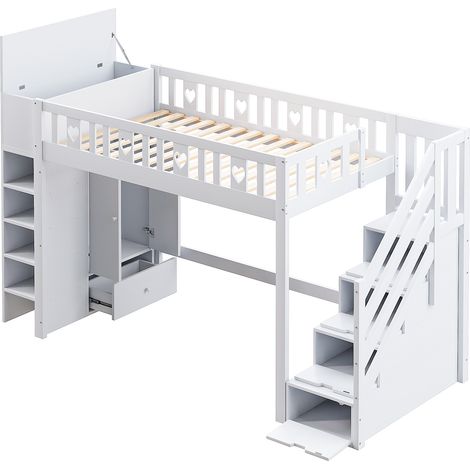 Cama Alta Individual con Escalera de Almacenaje, Estantes y Armario Abatible 90×200 cm, sin Colchón (1/5)