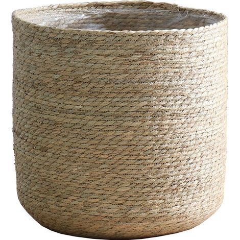 Pot de fleurs tressé en jonc de mer avec insert en film plastique, jardinière style bohème, 22 x 23 cm (1/3)