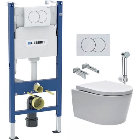Geberit – Pack WC suspendu 112cm – Cuvette sans bride céramique – Douchette bidet chromée – Plaque de déclenchement blanche – Abattant softclose
