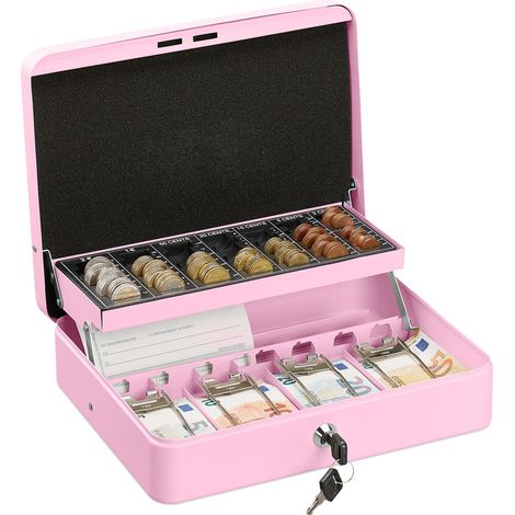 Relaxdays Cassetta di Sicurezza per Soldi, con Scomparto per Monete e 4 Vani per Banconote, 8,5x30,5x24,5 cm, Rosa