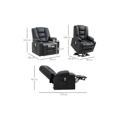 Fauteuil relax massant noir avec aide au relevage, fonction inclinable, port USB, roulettes et télécommande pour salon et chambre (1/5)