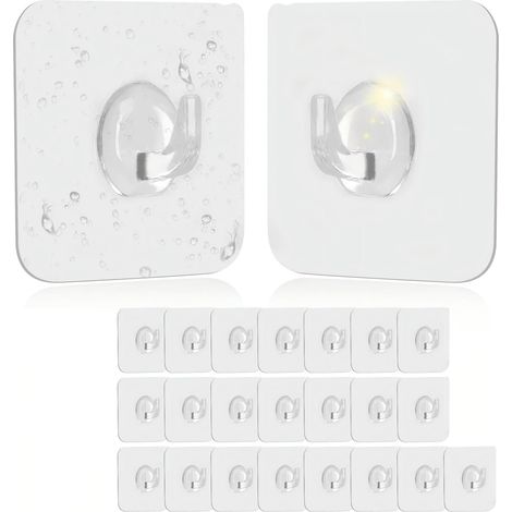 Lot de 24 crochets muraux autocollants, extra solides, transparents, sans perçage, pour chambre à coucher, plafond, salle de bain, cuisine (24) (1/5)