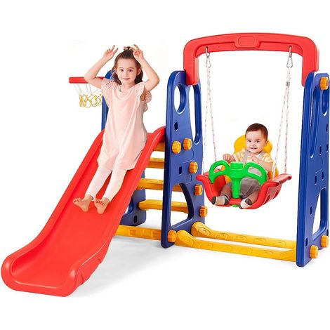 COSTWAY 3 in 1 Kinder Spielplatz, Kinder Rutsche & Schaukel & Basketballkorb fuer Kinder von 3-8 Jahren, Schaukelgeruest, Gartenschaukel, Kinderschaukel, Kinderrutsche fuer Outdoor und Indoor