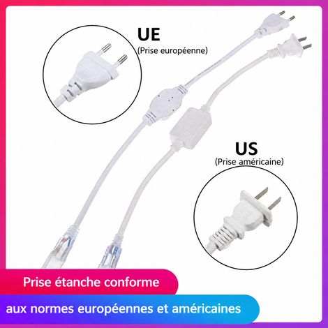 Cordon d'alimentation 8A étanche pour ruban LED haute tension 110-220V prise US 2 broches PVC blanc 8a – Livraison gratuite (1/5)