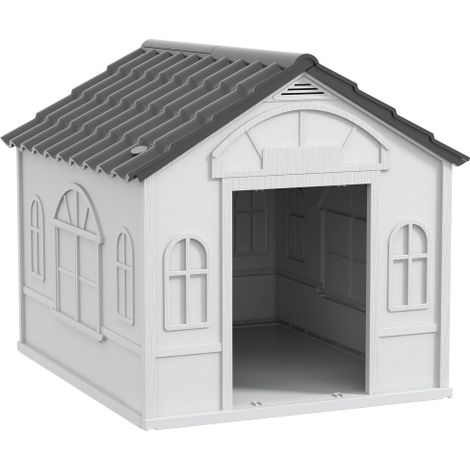 Caseta para perros, con techo a dos aguas, resistente a la intemperie, para perros pequeños de tamaño mediano de menos de 20 kg, caseta exterior para perros, 65 x 75,7 x 63 cm, gris, disponible en el  (1/5)