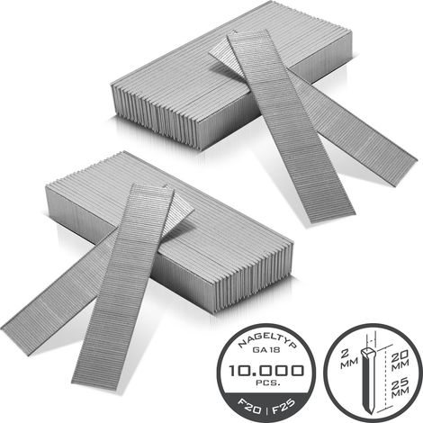 Chiodi pneumatici STAHLWERK 18GA F20/F25 (1,25 x 1,05 mm) con larghezza della testa di 2 mm in un set di 10.000 chiodi a striscia  chiodi tacker  chiodi pneumatici per chiodatrici, pistole sparachiodi
