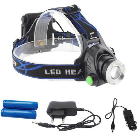 Lampe frontale LED T6, zoomable, rechargeable par USB, sans fil, 3 modes, lampe frontale de camping, batterie 18650, avec indicateur de charge [Classe énergétique A] (1/5)