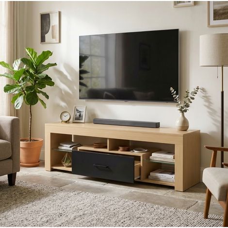 Mueble para TV de 140x40 cm para televisor de hasta 65 pulgadas, almacenamiento abierto, estantes de cristal ajustables, decoración roble negro (1/5)