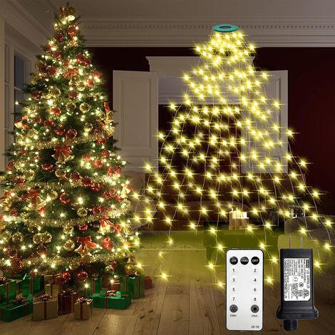 Guirlande lumineuse de Noël avec anneau, 2 m, 16 guirlandes, 400 LED, câble vert, effet cascade, intensité variable, pour sapin de Noël intérieur et extérieur (1/5)