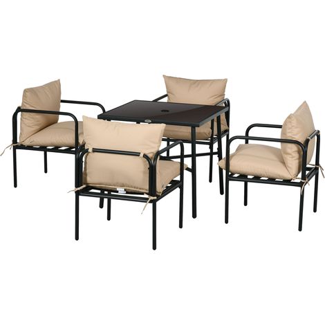 Salon de jardin 5 pièces table carrée mangeoire 4 chaises avec coussins 130x80x74cm