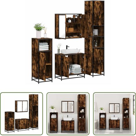 vidaXL Meuble vasque - Ensemble meubles salle de bain 4 pcs chêne fumé bois ingénierie (1/5)