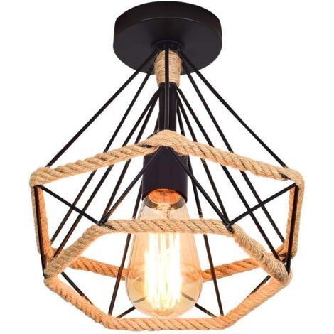 Lampada a sospensione in metallo a forma di diamante in stile industriale retrò vintage con corda di canapa, lampada a sospensione in ferro, adatta per soggiorno, camera da letto e arredamento d'inter