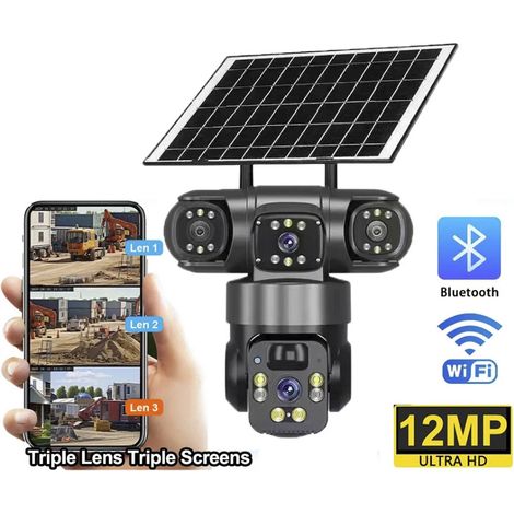 Caméra de sécurité WiFi, caméra de sécurité à énergie solaire, batterie 8000 mAh, couleur nocturne, triple caméra PIR à 360 degrés pour la maison ou le bureau (1/5)