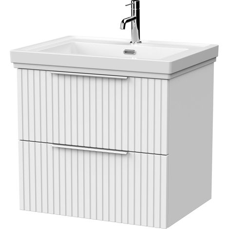 Callingwood Contemporary Wall Hung 2 Drawer Vanity Unit with Traditional 1 Tap Hole Fireclay Basin , 600mm, Matt White