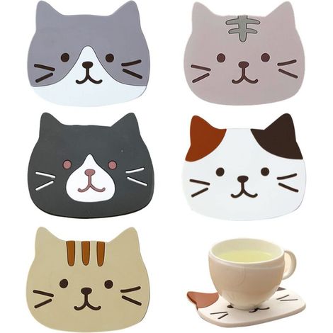 Sous-Verre Silicone - 5 Pièces - Forme Chat - Alimentaire - Antidérapant - Lavable Au Lave-Vaisselle - Pour Tasse Verre Thé Vin (1/5)