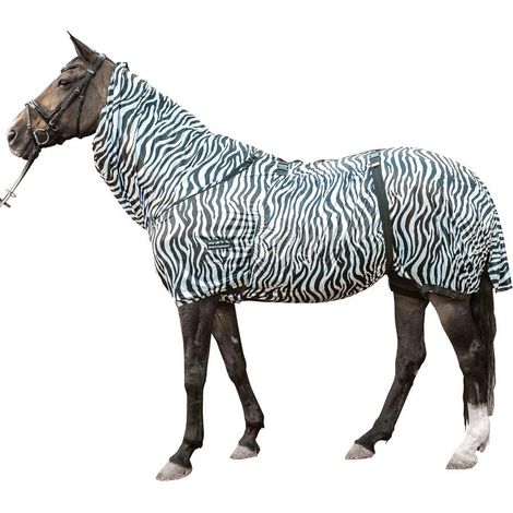 115 cm, Blanc/Noir (1291): Couverture anti-mosque pour cheval avec motif zébré sur le cou et le ventre