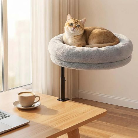 Panier Chat Bureau Rotation à 360° Réglable en Hauteur Lit Hamac pour Chats Interieur sans Perçage Supporte Jusqu'à 18 kg Transat Moelleux Coussin Lavable en Machine Montage Facile (Gris (1/5)