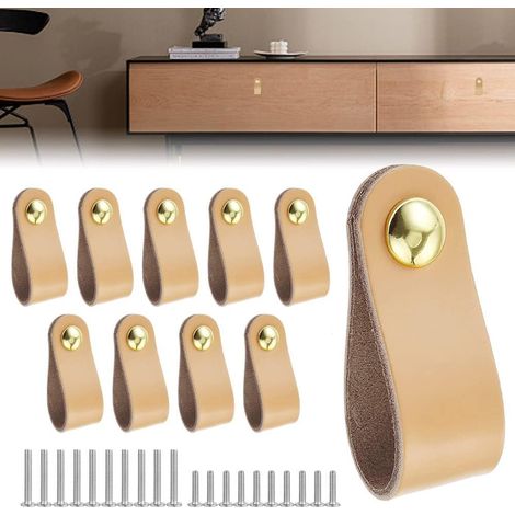 Lot de 10 poignées en cuir pour meubles, poignées de porte, poignées de placard, poignées de porte de cuisine (70 x 8 x 25 mm). (1/5)