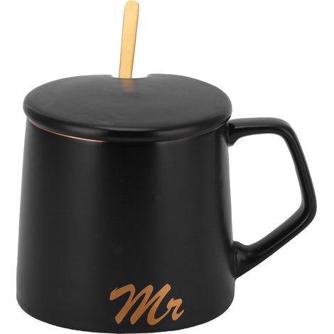 Tasse En Céramique - 320ml Avec Couvercle Et Cuillère - Pour Café Thé Bureau Maison - Noir (1/5)