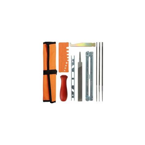 affûtage pour tronçonneuse 10 pièces - 1 lime plate pour tronçonneuse, 3 lames rondes, tige en bois, jauge de profondeur, jauge de contrôle rapide, nettoyeur de rainures et guide de roulement