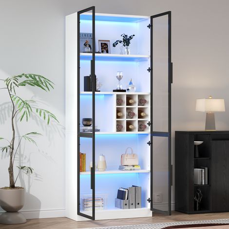 Vitrine mit Weinfach (80 x 35 x 200 cm), 5 Ebenen, LED App Steuerung, Glastüren mit Aluminiumrahmen, Spanplatte, Weiß (1/5)