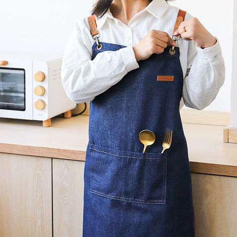 Verstellbare Küchenschürze aus Jeansstoff mit Tasche, Küchenschürze für Damen und Herren, für Café, Grill und Garten, blau (1/5)