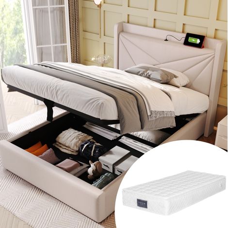 lit adulte rangement USB 90x200 tête géométrique beige OKMYHOME (1/5)