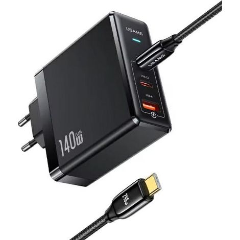 USAMS Netzwerk-Ladegerät 2xUSB-C + 1xUSB T52 PD 140W PD Schnellladefunktion US-CC168 + U82 USB-C/USB-C Kabel US-SJ581 240W schwarz/schwarz UM-Serie UMXLOGTC01