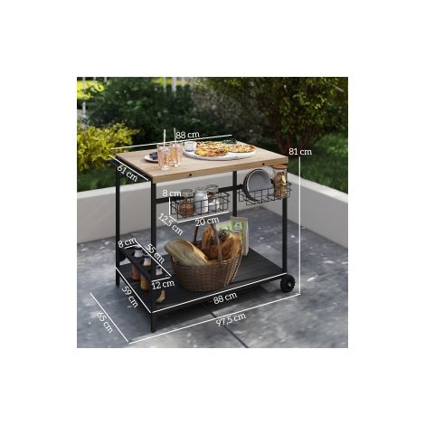 Desserte barbecue de jardin naturelle en sapin à 2 niveaux avec panier de rangement et porte-gobelets, pour jardin (1/5)