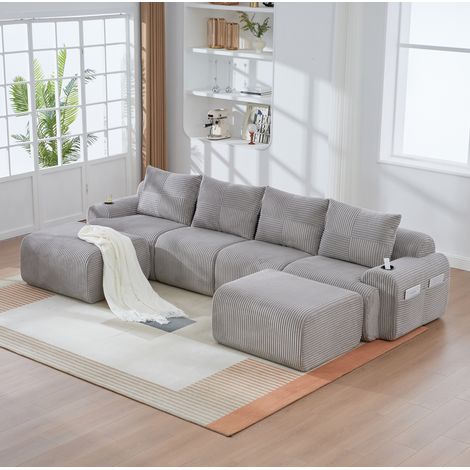 Canapé modulable 333/174/80 cm en velours côtelé gris clair avec porte-gobelet et poche latérale (1/5)