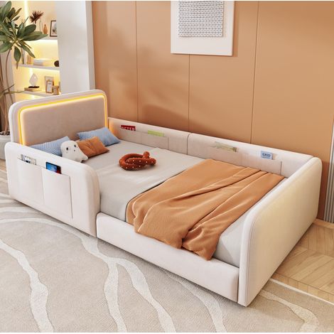 Letto per bambini 90x200 cm con illuminazione LED controllabile tramite app, tasche portaoggetti, rete a doghe, velluto beige (1/5)