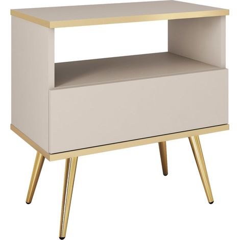 Comodino: Beige, gambe dorate, 54 x 59 x 39 cm, frontali lisci (1/4)